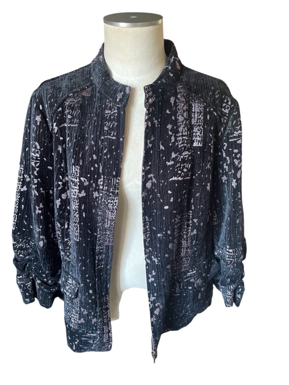 Christopher & Banks TexturedBlack & purple Patterned Zip Jacket